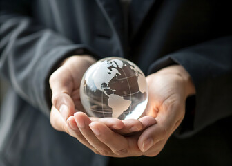 Glass globe held in hands suggesting global business or environmental responsibility concept