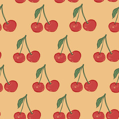 Vector seamless pattern of fresh cherry. Hand-drawn ripe fruits isolated on beige background. Tasty food illustration for design, print, fabric or background.