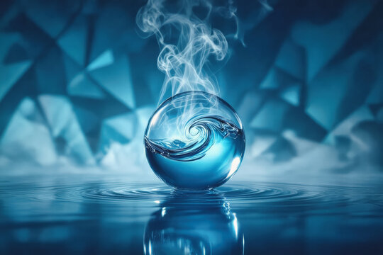 A mesmerizing sphere of swirling blue water sits atop a reflective surface, creating ripples and surrounded by an abstract geometric background.