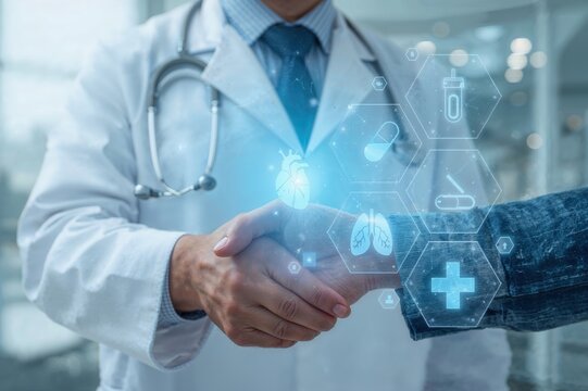 Doctor with digital health technology and medical icons perfect for healthcare innovation and telemedicine concepts
