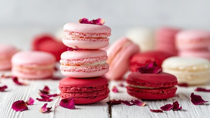 Pink and white macarons, placed on a clean white wooden surface, give off a romantic vibe, perfect for Valentine's Day, special events, and dessert offerings.