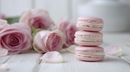 Pink and white macarons, placed on a clean white wooden surface, give off a romantic vibe, perfect for Valentine's Day, special events, and dessert offerings.