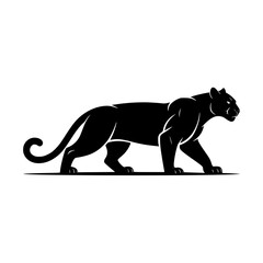 Fototapeta premium Panthera Silhouette: A bold monochrome illustration depicts a powerful black panther in profile, showcasing its sleek muscular physique and elegant gait.