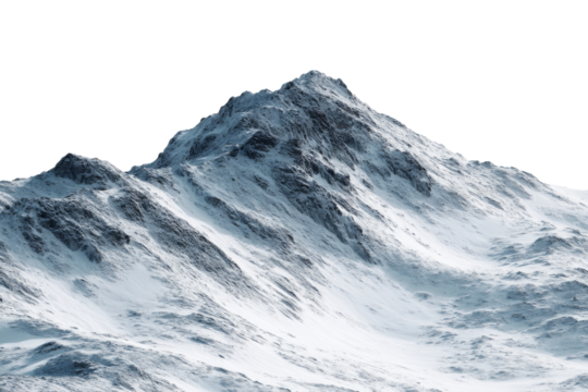 Snow covered jagged rock mountain landscape isolated on transparent background