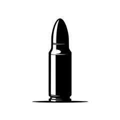 Bullet Cartridge: A stark monochrome illustration depicts a single rifle bullet, showcasing its cylindrical form and pointed tip with striking shadow detail.