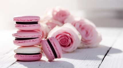 Pink and white macarons, placed on a clean white wooden surface, give off a romantic vibe, perfect for Valentine's Day, special events, and dessert offerings.