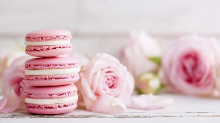 Pink and white macarons, placed on a clean white wooden surface, give off a romantic vibe, perfect for Valentine's Day, special events, and dessert offerings.