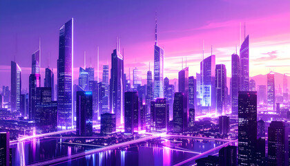 Futuristic City Skyline at Night with Purple and Pink Neon Lights