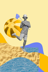 Exclusive artwork poster collage of happy man stand beach river ocean sand water hold net catch...