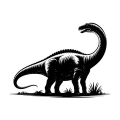 Naklejka premium Brachiosaurus Silhouette: A dramatic monochrome woodblock illustration depicts a Brachiosaurus, its long neck reaching high, showcasing detailed texturing and a powerful presence.