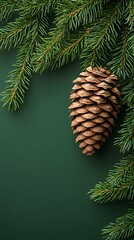 Evergreen Fir Branches and Pinecone with Green Background Creates Natural Christmas Style Frame