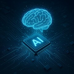 AI Brain Chip Hovering Over Motherboard with Digital Particles: Advanced Artificial Intelligence & Future Computing Technology.