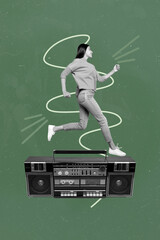 Trend art collage of person run stand huge vintage tape recorder on green background