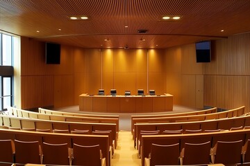 Elegant Wooden Courtroom Interior Featuring Curved Seating and Minimalist Design Accents with Mounted Displays