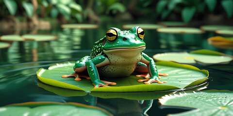 Green Frog Resting on Lily Pad in Tranquil Pond


