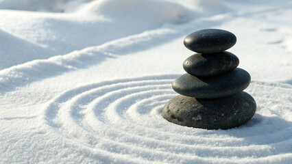 Stack of Smooth Black Zen Stones on Beige Sand with Soft Natural Light – Minimal Spa, Meditation, and Wellness Background Concept