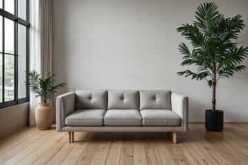 Fototapeta premium A hyper-realistic studio shot of a single, modern three-seater sofa with light grey fabric upholstery