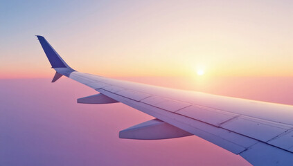 Obraz premium Hyperrealistic Airplane Wing in Pastel Sunrise Sky, Stunning Aviation, Tranquil Journey, Ethereal Skies, Sleek Wing Design, Serene Flight, Perfect for Travel & Adventure Themes