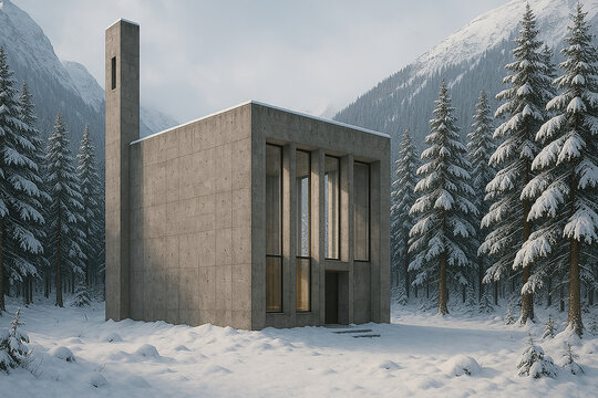 Brutalist architectural renderings, where concrete merges with natural landscapes.