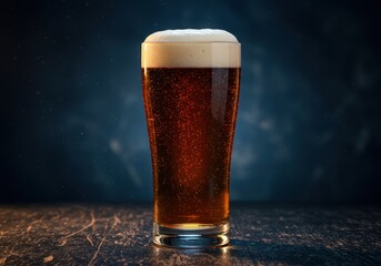 A tall glass of amber ale beer with a thick frothy head and bubbles