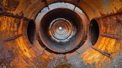 Rusty metal tubes nested in a concentric pattern.  Deep inside, a central circle