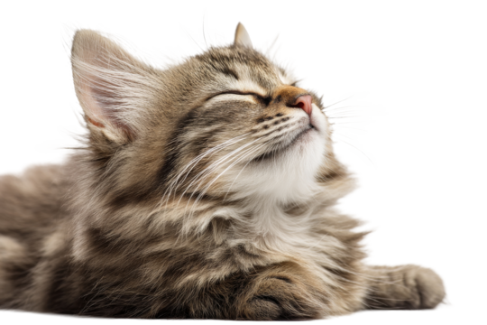 Fluffy tabby kitten relaxing with eyes closed isolated on transparent background