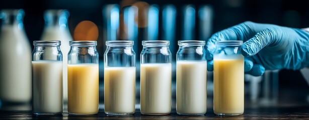 Horizontal banner with gloved hands labeling milk test tubes, blurred lab instruments and milk bottles behind