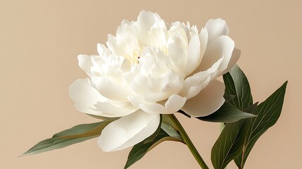 Elegant White Peony Blossom with Lush Green Leaves Against a Beige Backdrop