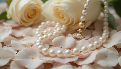 Elegant Pearl Necklace on Rose Petals with Soft Roses.