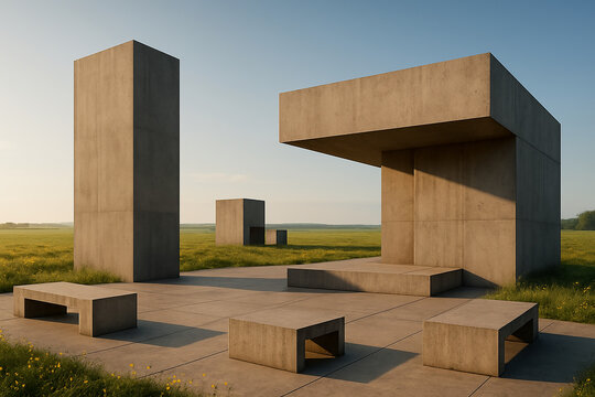 Brutalist architectural renderings, where concrete merges with natural landscapes.