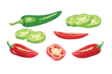 Photorealistic Sliced Chili Peppers Vector Icon Set. Realistic Jalapeño and Habanero with Gradient Mesh Shading