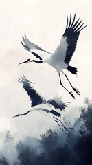 Elegant RedCrowned Cranes Soaring Through Misty Landscape, Ink Wash Painting Style Illustration