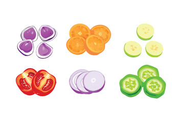 Photorealistic Sliced Vegetables Vector Icon Set. Realistic Tomato, Bell Pepper, and Onion with Gradient Mesh Shading