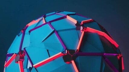 Abstract sphere composed of  faceted,  polygonal segments in vibrant  blue, red, and purple hues