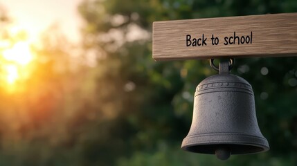 Obraz premium A school bell hangs from a wooden beam with 
