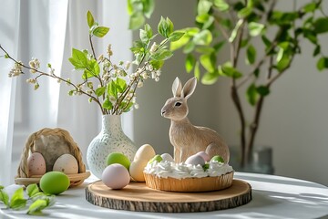 Elegant Easter Arrangement Bunny, Pastel Eggs, Floral Vase, and Whipped Tart Delight