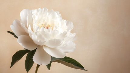 Elegant CloseUp of a White Peony Blossom with Green Leaves on Neutral Background