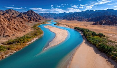The winding Yellow River flows through the desert, surrounded by mountains on both sides