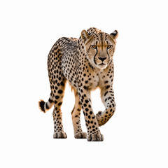 Naklejka premium Cheetah on the Prowl: A majestic cheetah, its spotted coat gleaming in the sunlight, strides confidently forward, showcasing its power and grace.