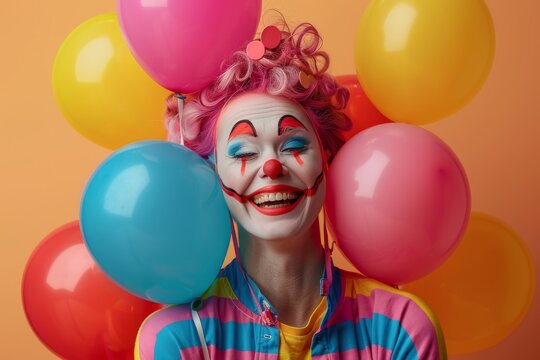 Joyful clown celebrating with colorful balloons in a vibrant setting