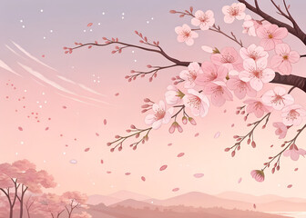 Fototapeta premium Minimal anime background, cherry blossoms falling, soft pink sky generative ai 