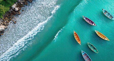 Fototapeta premium Colorful boats on the blue sea, aerial view, drone shot, top-down view, surfboard in ocean waves