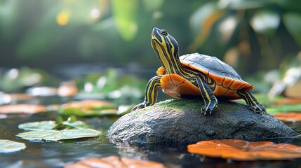 Small turtle basks on rock in pond