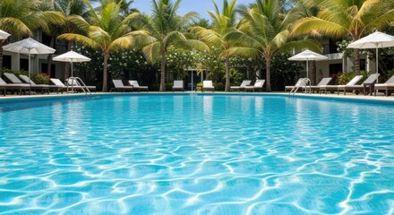 Fototapeta premium Inviting blue swimming pool with gentle ripples surrounded by palms and comfortable recliners.