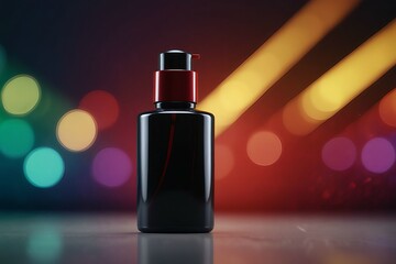 Naklejka premium Sleek Black Cosmetics Bottle with Bokeh Background.