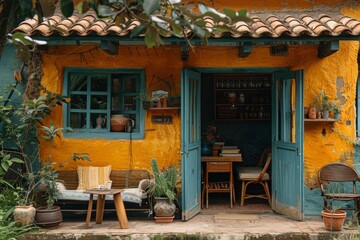 Charming yellow house with blue shutters in a vibrant garden during a sunny afternoon