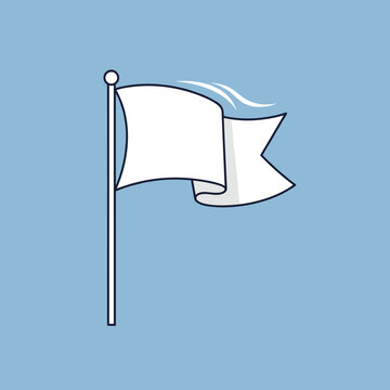 A classic white flag of surrender flies proudly against a soft blue background showing gentle white waves