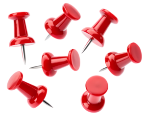Group of Bright Red Thumbtacks on a White Background, isolated on transparent background