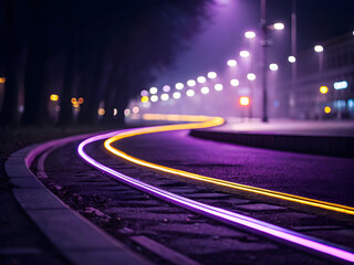 Abstract glowing purple and yellow light trails on tram tracks at night with city lights in background