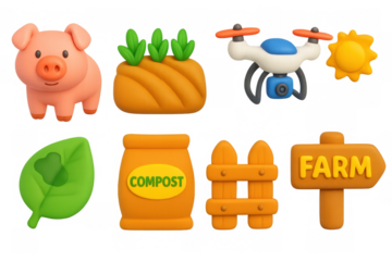 Cute farm elements with 3d cartoon style: pig, crops, drone, and more